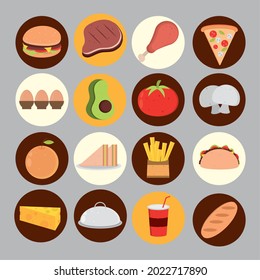 set of food products, round icons
