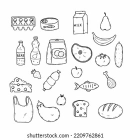 Set food products from supermarket. Vector doodle illustration.