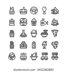 Set of food in restaurant fast food outline icon and illustration