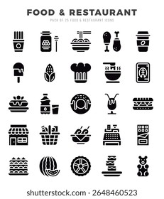 Set of Food and Restaurant icons in Glyph style. Glyph Icons symbol collection.