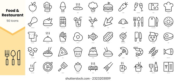 Conjunto de comida y restaurante Icons. Paquete de iconos de estilo de arte de línea simple. Ilustración del vector