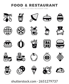 Conjunto de ícones de comida e restaurante. Ilustração de vetor.