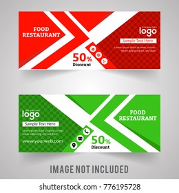 Set of food & restaurant web banners in standard sizes. Templates with place for photo and diagonal stripes and button. Vector illustration. Big discount Sale Offer.
