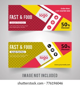 Set of food & restaurant web banners in standard sizes. Templates with place for photo and diagonal stripes and button. Vector illustration. Big discount Sale Offer.
