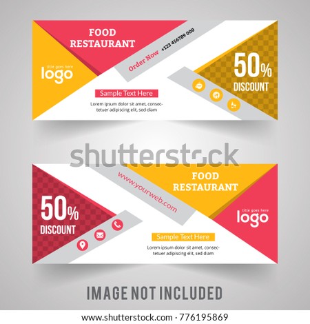 Set of food & restaurant web banners in standard sizes. Templates with place for photo and diagonal stripes and button. Vector illustration. Big discount Sale Offer.
