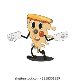 Set of food in retro cartoon style illustration, vintage character vector art collection, pizza in cartoon style, retro background