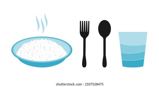 Set of food rice dish, fork, spoon, and glass of water icons isolated on white background vector illustration. 