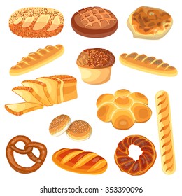 Set of food:  rye, wheat, whole grain, sliced bread, ciabatta, bagel, french baguette, croissant. Vector illustration, isolated on white.