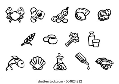 Set of food safety allergy icons including 14 allergies from EEuropean Food Safety Authority. Encompass the 8 FDA Major Allergens. Painted in grungy hand drawn style then scanned. 