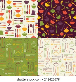 Set of food seamless patterns with crockery