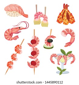 Set of food from shrimp. Vector illustration on white background.