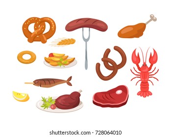 Set of food and snack icons such as sausages and chicken, crayfish and fish, potatoes and ham vector illustrations isolated on white background.
