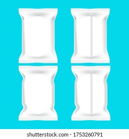 Set of food snack pillow bag front and back side on blue background. Realistic vector illustration. Can be use for template your design, promo. EPS.file.
