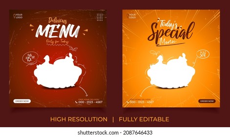 Set of food social media templates. with editable element and black, white, yellow, red color. And vegetables icon