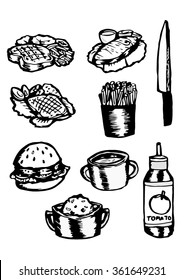 Set of food steak burger line art