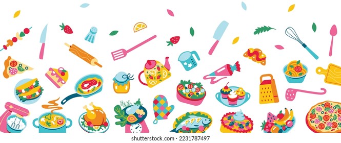 A set of food and sweets for the recipe. Banner of ingredients, vegetables, soup, chicken, salad