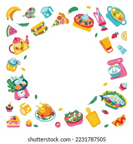 A set of food and sweets for the recipe. Frame of ingredients, vegetables, soup, chicken, salad, tea, grater