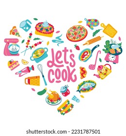 A set of food and sweets for the recipe. Heart of ingredients, vegetables, soup, chicken, salad, tea, grater