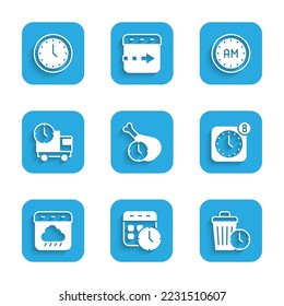 Set Food time, Calendar and clock, Waste of, Alarm app mobile, autumn, Delivery truck, Morning and Clock icon. Vector