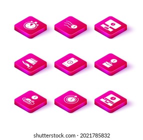 Set Food time, Clock with arrow, Calendar, Alarm clock app mobile, Monitor, Work, Smart Tv and Time flies the icon. Vector