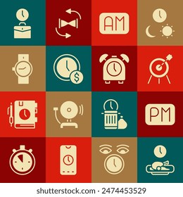 Establecer la hora de la comida, día, deporte objetivo, mañana, tiempo es dinero, reloj de pulsera, trabajo y el icono del reloj despertador. Vector