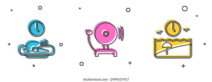 Set Food time, Ringing alarm bell and Vacation icon. Vector