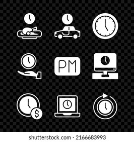 Set Food time, Time to travel, Clock, is money, Laptop, with arrow,  and Day icon. Vector