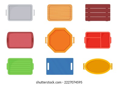 Un conjunto de bandejas de comida.Bandejas para llevar comida y servir en establecimientos de comida rápida y cafeterías.Bandejas hechas de madera, metal y plástico.Ilustración vectorial.