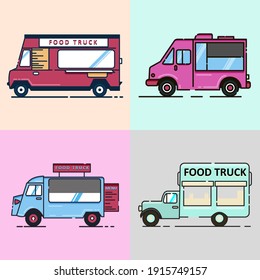 Set of Food truck color icon. Contains 4 different truck car icons. Vector illustration