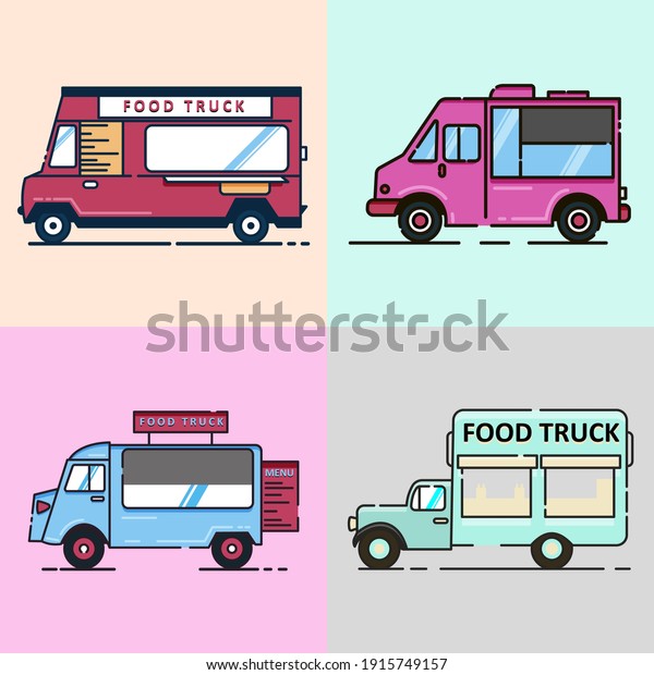 Set of Food truck color icon.\
Contains 4 different truck car icons. Vector\
illustration