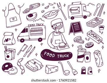 Set of food truck doodles vector illustration 