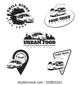 Set of food truck emblems, icons and badges. Urban, street food illustrations and graphics. Isolated classic food truck car front view. Vector.