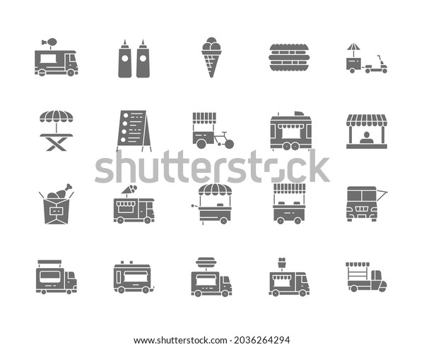Set of Food Truck Gray Icons. Hot Dog, Sandwich,\
Picnic Table and more.