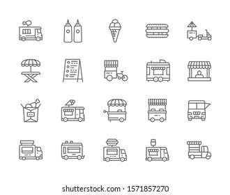 Set of Food Truck Line Icons. Fried Chicken, Sauces In Bottles, Ice Cream, Hot Dog, Sandwich, Street Market, Picnic Table, Festival Car and more.