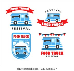 set of food truck logo, emblems, sticker, badge isolated flat design on white background suitable for food festival banner vintage style