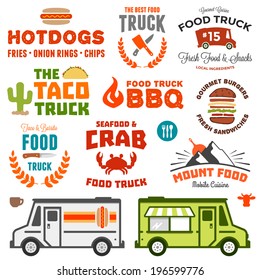 Set of food truck logo graphics and truck illustrations