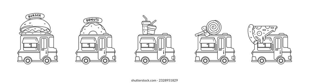 Set of food truck outline sketch hand-drawn collection