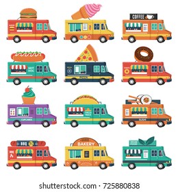 Set of food trucks. Burger, ice cream, coffee, cakes, pizza, sushi, taco, donuts, vegan, etc