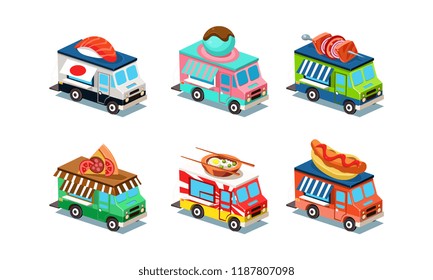 Set of food trucks in modern 3D style. Vans with Japanese cuisine, ice-cream, pizza, hot dog and barbecue. Flat vector design