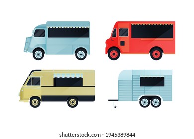 Set of Food Trucks. Modern Flat Vector Illustration. Colorful Street Food Truck Van. Social Media Template.