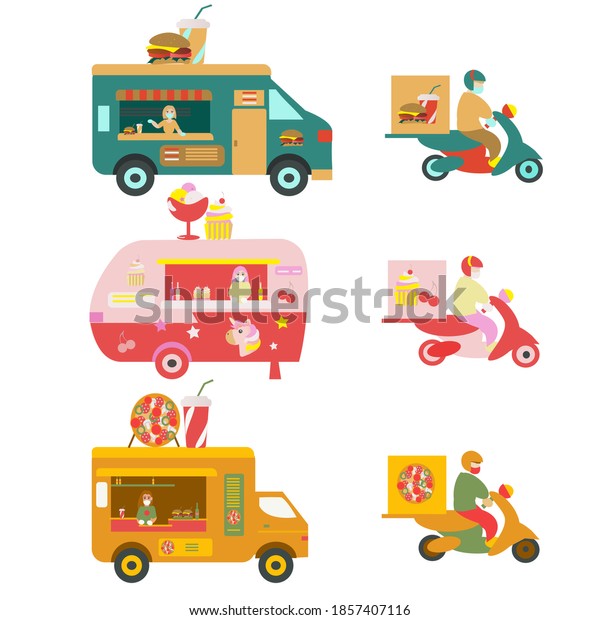 Set of food trucks and moped\
delivery Sellers wears mask and gloves Vector flat\
illustration