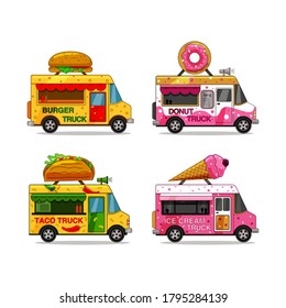 A set of food trucks on a white isolated background. Burger, ice cream, doughnut, taco. Vector.