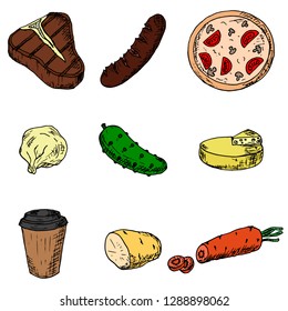 Set of food. Vector cartoon illustrations. Isolated objects on a white background. Hand-drawn style.