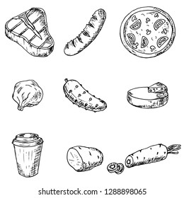 Set of food. Vector cartoon illustrations. Isolated objects on a white background. Hand-drawn style.