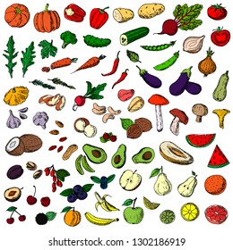 Set of food. Vector cartoon illustrations. Isolated objects on a white background. Vegetarian food. Vegetables, fruits, nuts, mushrooms and berries. Hand-drawn style.