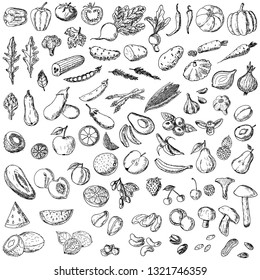 Set of food. Vector cartoon illustrations. Isolated objects on a white background. Vegetarian food. Vegetables, fruits, nuts, mushrooms and berries. Hand-drawn style.