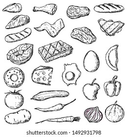 Set of food. Vector cartoon illustrations. Isolated objects on a white background. Hand-drawn style.