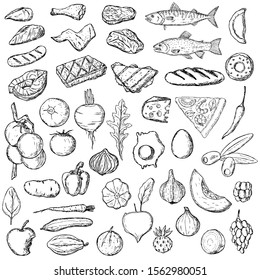 Set of food. Vector cartoon illustrations. Isolated objects on a white background. Hand-drawn style. 