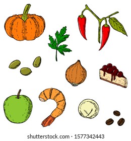 Set of food. Vector cartoon illustrations. Hand-drawn style.