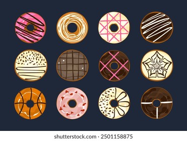 Set of food vector icon illustrations Bakery for baking, bread, cooking, illustration of donuts, desserts, fresh and delicious. For packaging, labels, or signs. Food art for signs, flyers, or menus. 